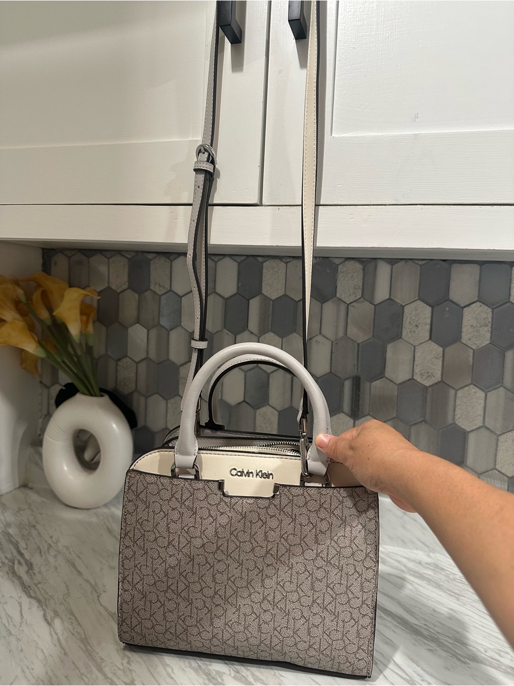 Calvin Klein Taupe/Beige Monogram Satchel with Adjustable Strap